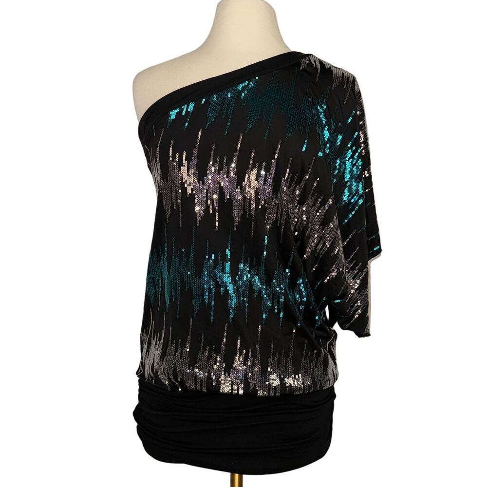 VTG TRIXXI | Black One‎ Shoulder Sequin Mini Ruched Y2K Dress | Women's Medium